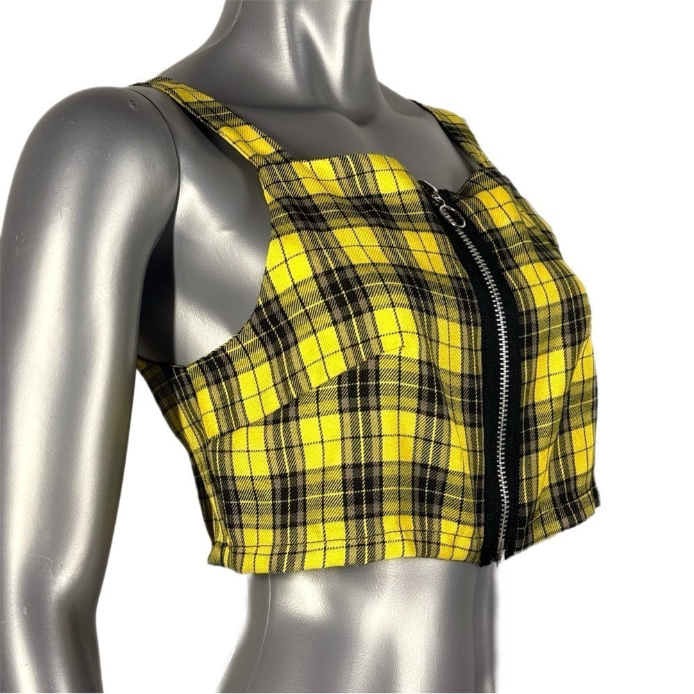 The Ragged Priest | Yellow Black Plaid Zip Up Crop Tank Top - Picture 8 of 12